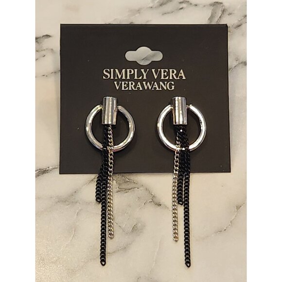 Simply Vera Vera Wang Silver-Tone & Black Chain Drop Circle Stud Earrings - Picture 1 of 5